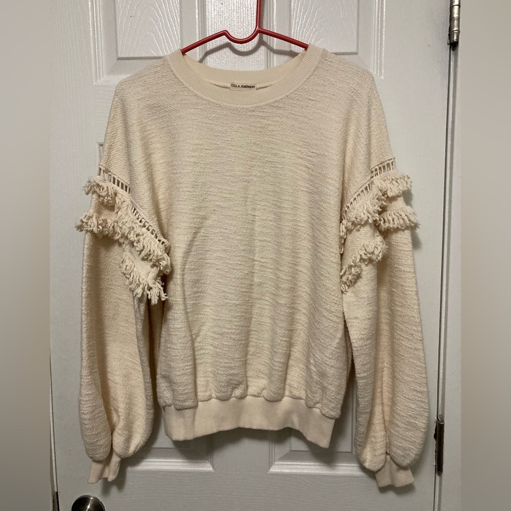 ***Ulla Johnson Ivory Zarina Tiered Fringe Detail Oversized Long Sleeve Top #R View 2